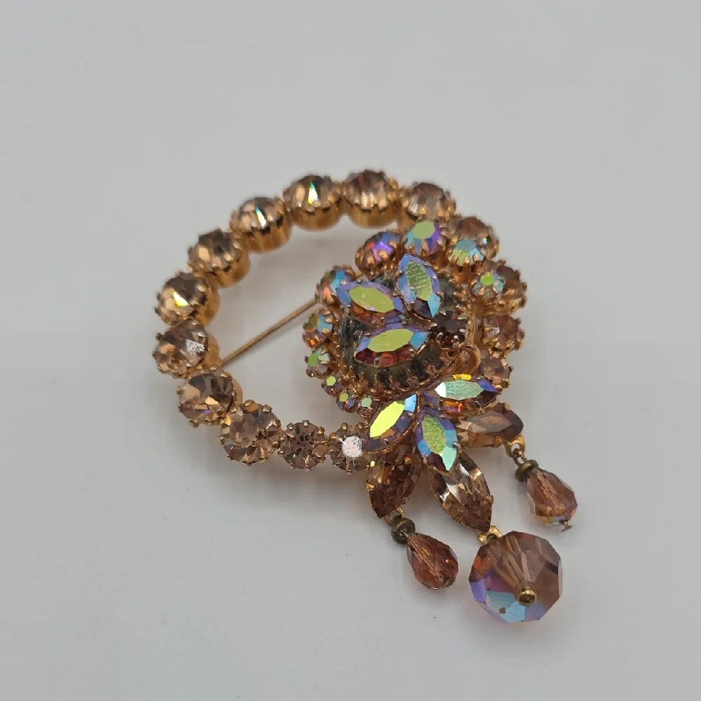 Vintage Austria Gold and Iridescent Crystal Brooch